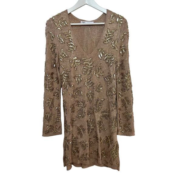 Zara Dresses & Skirts - Zara Limited Edition Knit Mini Dress Gold Sequin Long Sleeve Knit Small